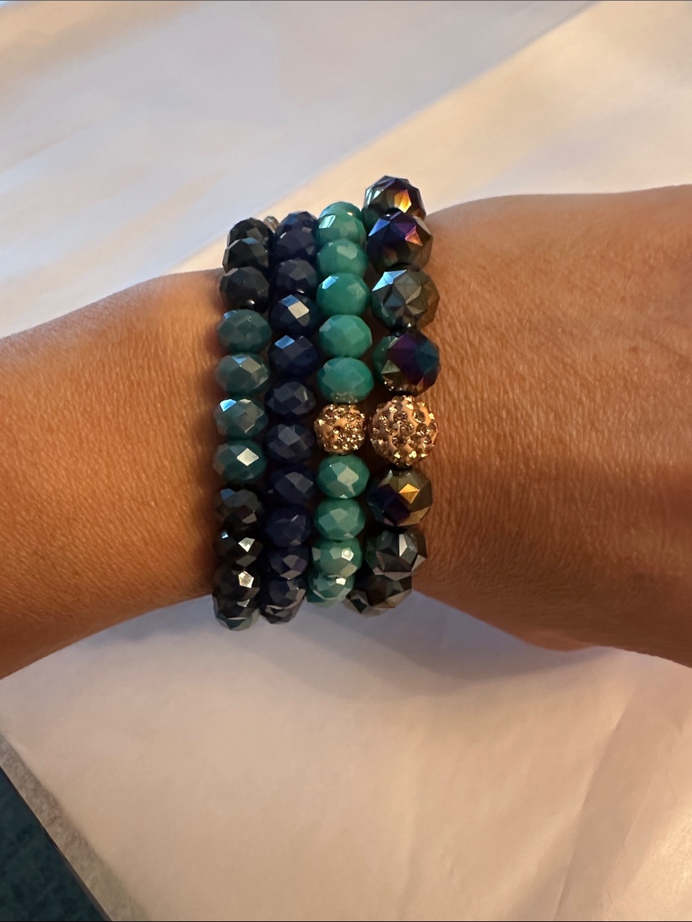 Erimish Turquoise, Navy and Iridescent Beaded Bracelet Stack with Gold Accent